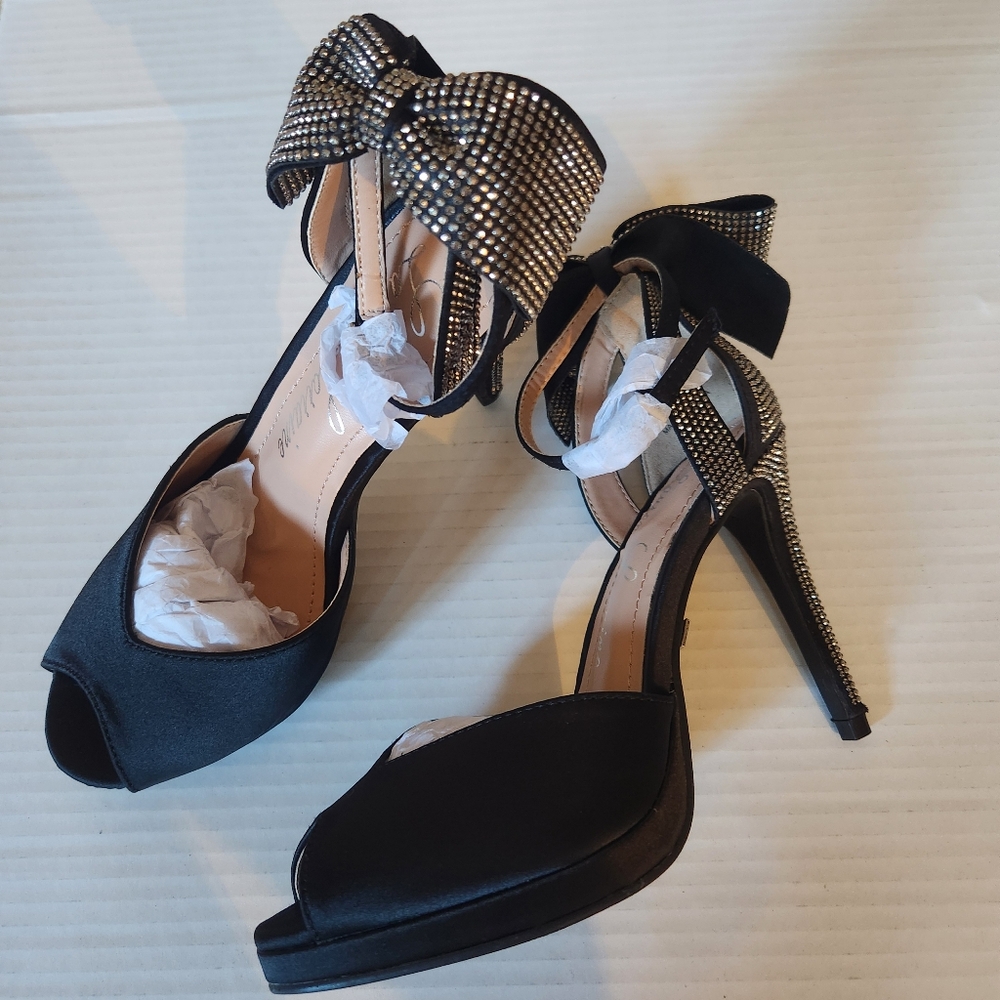 Lauren Lorraine Fling Satin Black Rhinestone Bow Platform Heels Size 5.5 NIB